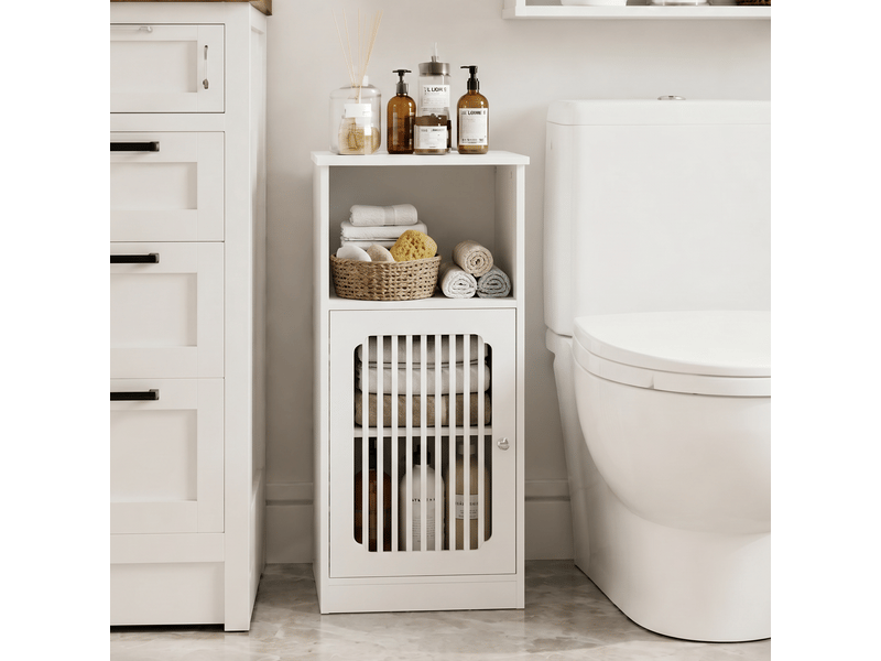  Meuble de salle de bain bas avec portes à lattes, plusieurs niveaux de rangement et structure autoportante, blanc  - Conforama A