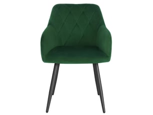Chaise de salle à manger avec accoudoirs, assise rembourrée et dossier, pieds en métal, velours vert foncé