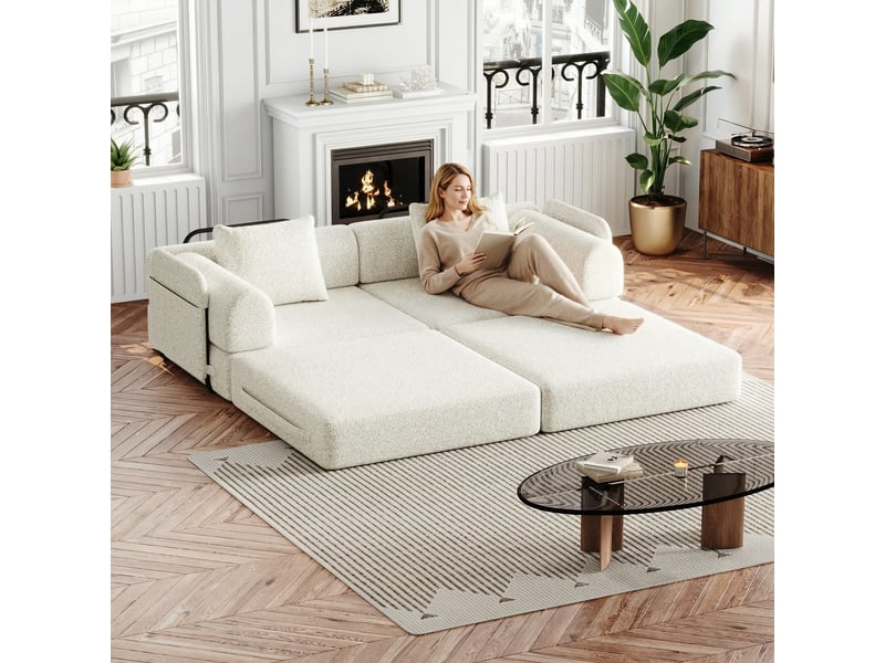  Canapé convertible 2-en-1 en chenille, rangement accoudoir, cadres acier, configurations multiples, grand confort pour salon - beige  - Conforama D