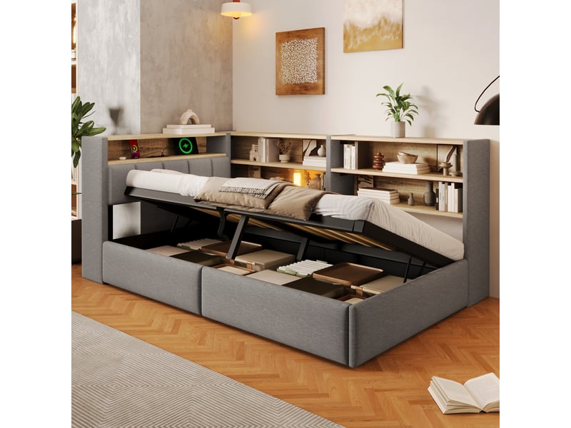  Canapé-lit coffre 90 x 200 cm - avec prise électrique - avec port usb + bande lumineuse led - tissu velours - gris (matelas non inclus)  - Conforama D