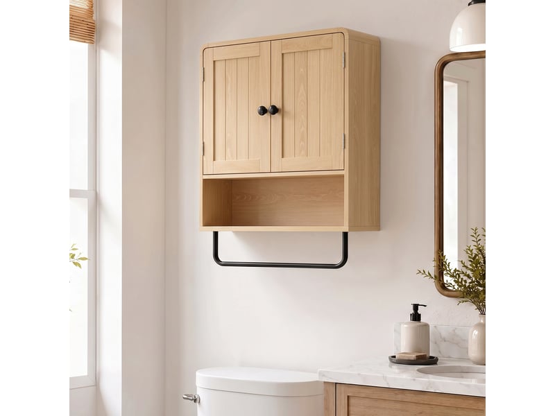  Armoire murale de salle de bain, meuble de rangement suspendu avec 2 portes, porte-serviettes, étagère ouverte, chêne  - Conforama B