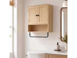 Armoire murale de salle de bain, meuble de rangement suspendu avec 2 portes, porte-serviettes, étagère ouverte, chêne