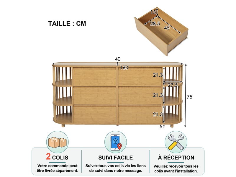  Buffet et enfilade avec 6 tiroirs, 6 étagères ouvertes et pieds réglables pour salon en mdf et bambou 160×40×75 cm  - Conforama D