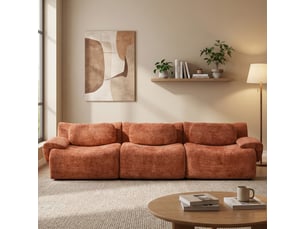 Canapé droit 3 places compressé design ondulé avec assise en mousse et larges accoudoirs en chenille orange