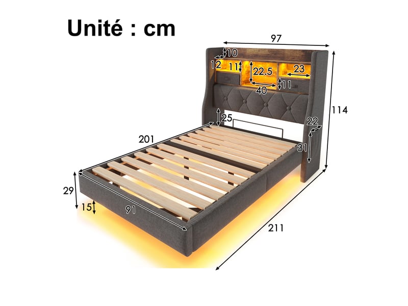  Lit simple 90x200 cm en lin gris avec tête de lit rembourrée, rangement, led, 3 ports usb et type-c, sans matelas  - Conforama D