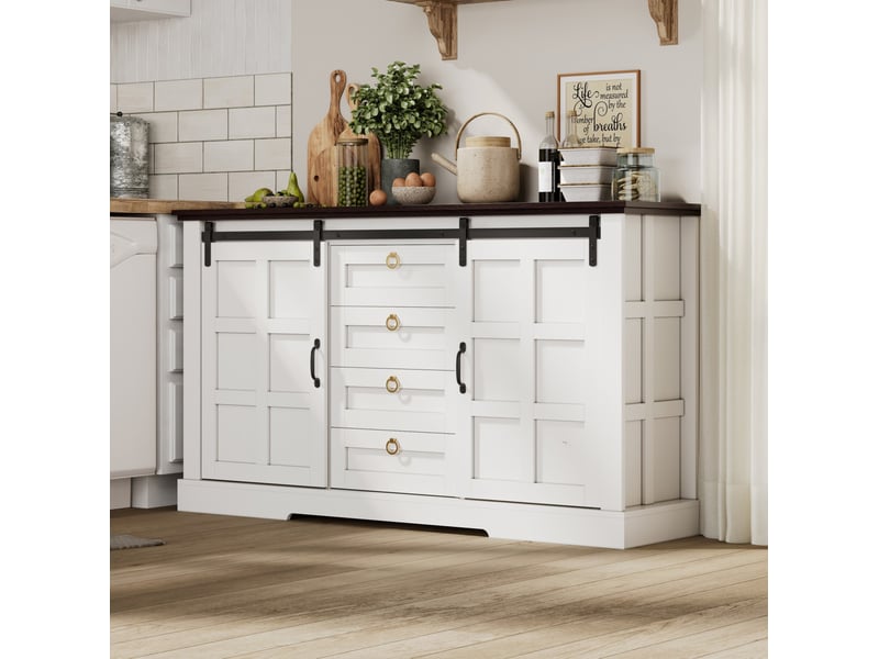 Buffet 150x40x85 cm avec 2 portes coulissantes et 4 tiroirs en mdf blanc - Conforama B