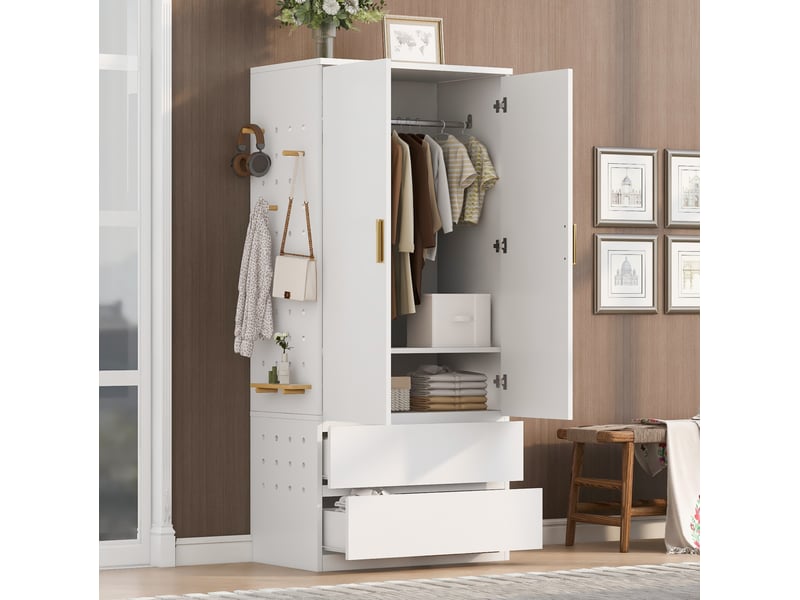 Armoire avec panneau perforé et 2 tiroirs 2 portes 70x50x170 cm, coloris blanc - Conforama W