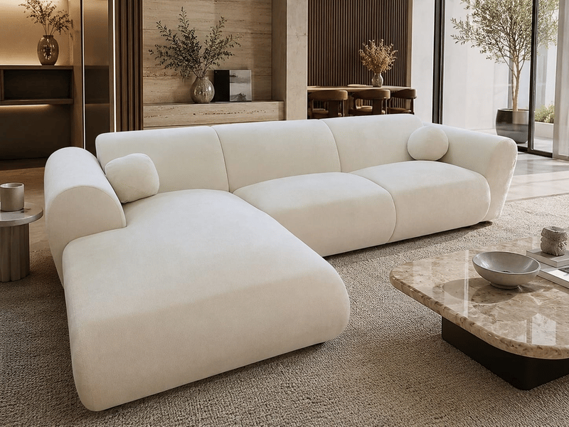  Canapé d'angle arrondi velours écru cloud bis - angle gauche  - Conforama D