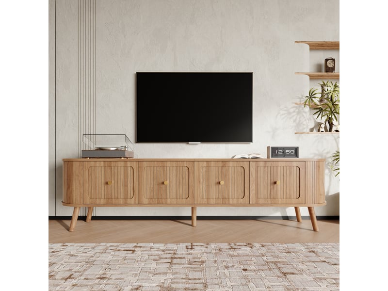 Meuble tv 180 cm avec 4 portes rainurées, poignées dorées et bords arrondis, mdf et panneau de particules, effet chêne Fay Lum - Conforama B