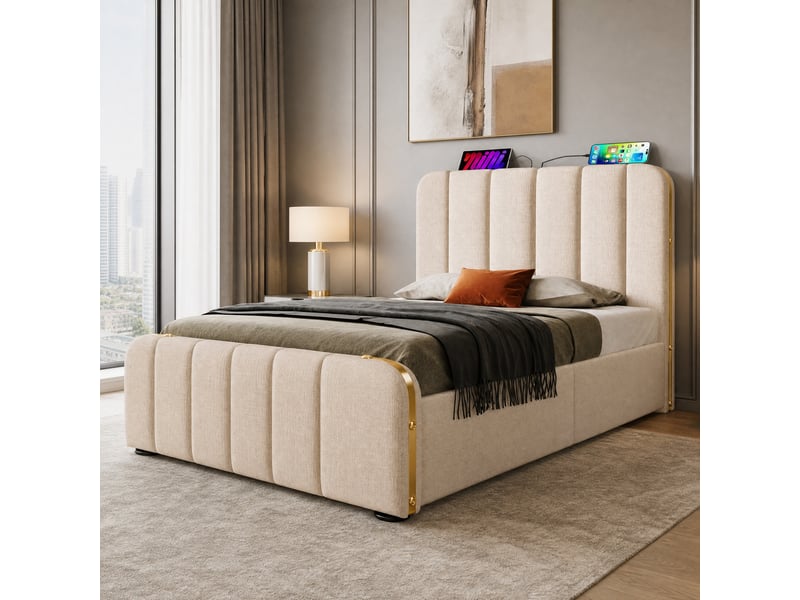  Lit coffre 1 place 90x200 cm en lin beige avec rangement hydraulique, ports usb et type-c, sans matelas  - Conforama B