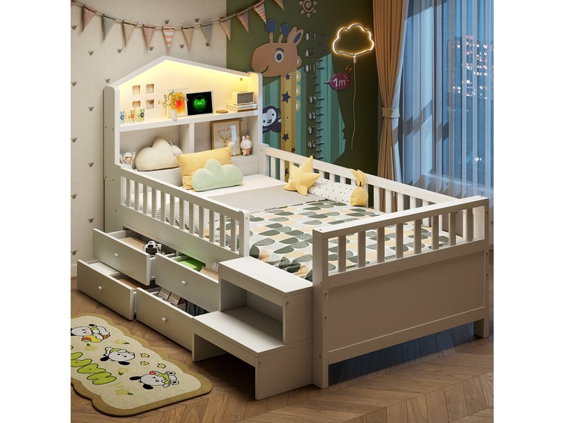  Lit cabane enfant 90x200 avec 4 tiroirs et led evryae  - Conforama B