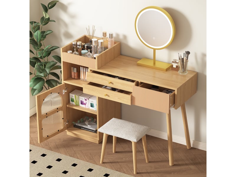  Coiffeuse avec miroir led 3 couleurs et meuble latéral - lpospi - 3 tiroirs, panneau bois naturel 120 × 40 × 90 cm  - Conforama B