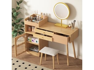 Coiffeuse avec miroir led 3 couleurs et meuble latéral - 3 tiroirs, panneau bois naturel 120 × 40 × 90 cm