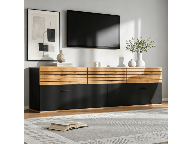  Meuble tv 168x38x59 cm - meuble bas à motif ondulé avec 2 portes, 3 tiroirs, pour tv jusqu’à 65 pouces - bois naturel et noir  - Conforama D