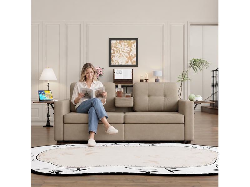 Canape droit 2 places 178x71x57,5 cm avec rangements et table réglable, 2 tiroirs, couleur kaki, moderne - Conforama B