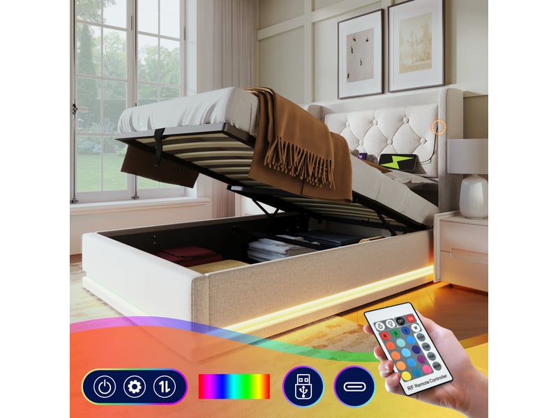  Lit coffre 90x200 - lit simple rembourré avec fonction usb type-c et led - coton - matelas inclus - beige  - Conforama D