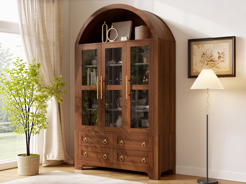  Vitrine style vintage à arche, 110 x 40 x 185 cm, finition imitation bois couleur noyer, 3 portes vitrées et 4 tiroirs de rangement  - Conforama B