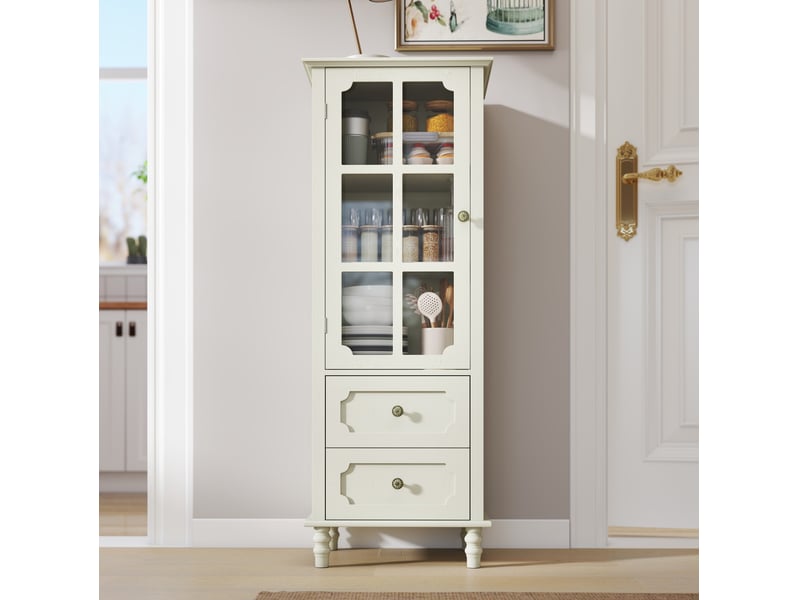  Buffet haut vitré avec 2 tiroirs en mdf blanc crème, 50x40x133 cm  - Conforama B
