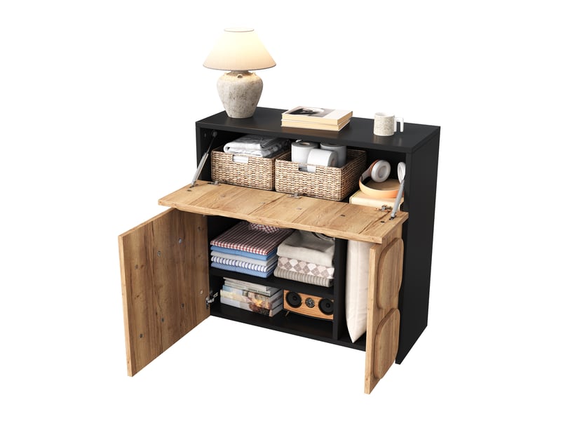 Buffet vintage à façade modulaire avec 4 grands compartiments, meuble de rangement pour salon, salle à manger ou entrée, en bois et mdf, bois et noir OPULERANE TRADING LTD - Conforama A