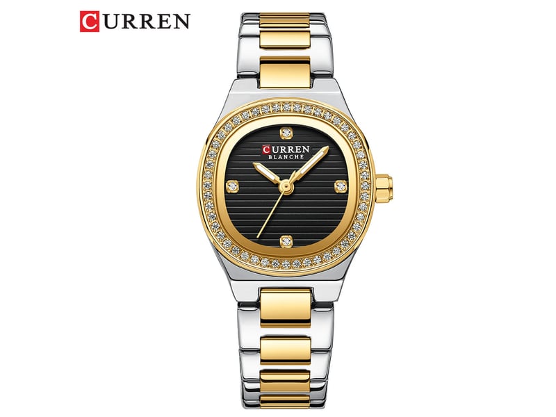 Montre-bracelet décontractée pour femme, à cadran carré (noir et or), mouvement à quartz.
