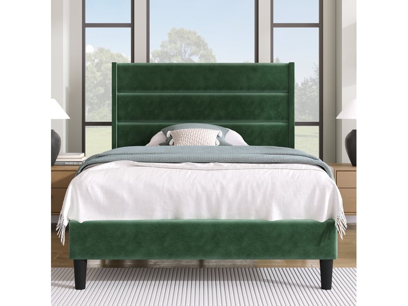  Lit simple 90x200 cm, lit enfant, avec tête de lit, pieds antidérapants, velours et métal, vert foncé, matelas inclus  - Conforama B