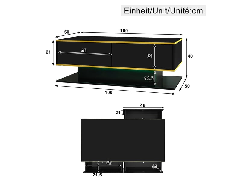  Table basse 100x50x40 cm avec éclairage led usb, 3 tiroirs et niche ouverte, panneaux de particules, noir et doré ABC - Conforama C