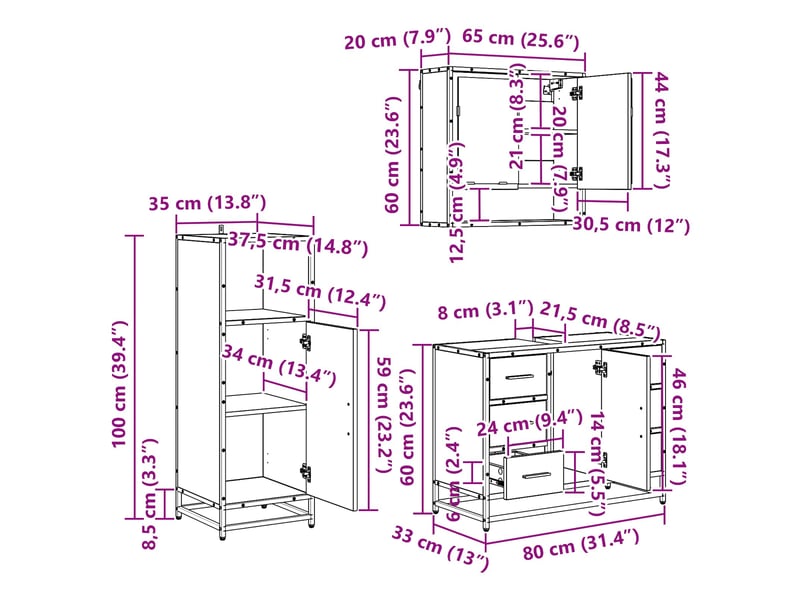  Ensemble de mobilier de salle de bain 3 pc chêne noir cf64342  - Conforama E