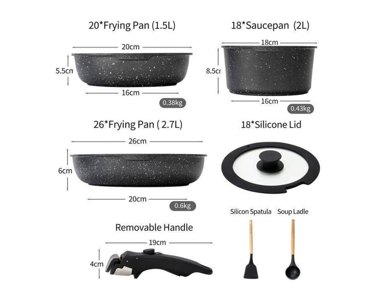 Set de casseroles 7 pieces antiadhesives pierre avec manche amovible et couvercle silicone 370018_AAAPX11980_6_DROPFR - Conforama B