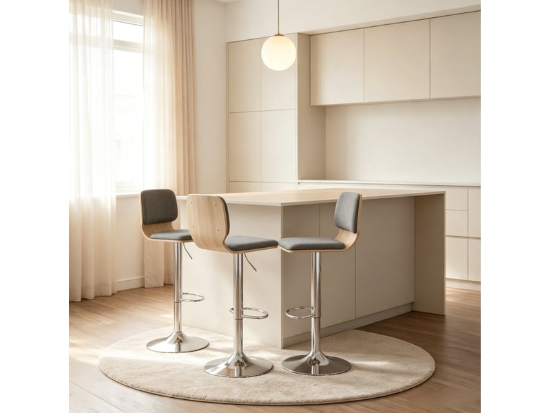 Lot de 2 tabourets de bar pivotants à 360 degrés réglables en hauteur avec dossier et repose-pieds en tissu gris - Conforama E
