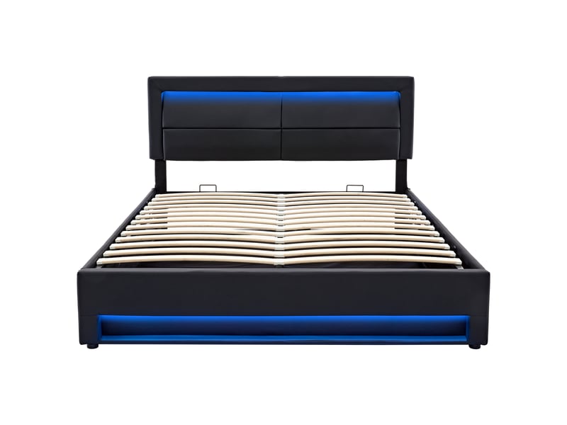  Lit rembourré 140 x 190 cm, avec port usb (supporte le chargement sans fil et filaire), avec éclairage led et espace de rangement, sans matelas, design pu-lychee, noir  - Conforama E