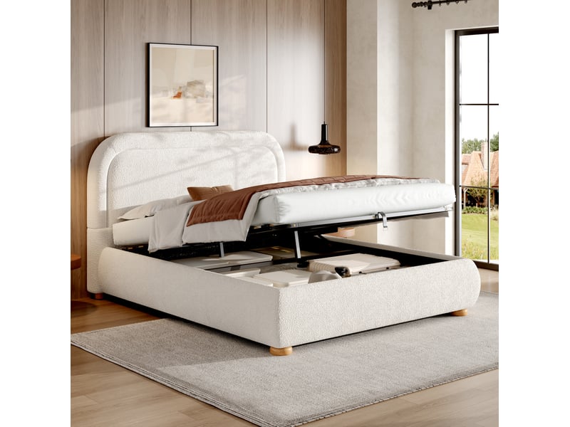  Lit coffre double 160 x 200 cm blanc en bouclette avec sommier à lattes et tête de lit  - Conforama B