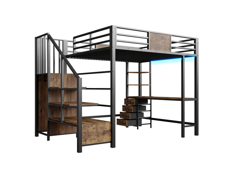  Lit superposé 140x200 cm, lit enfant, bureau, penderie, led, prise intégrée, métal noir  - Conforama B