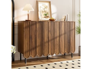 Buffet 120x35x80 cm effet bois, portes ondulées, étagères réglables, design sans poignées