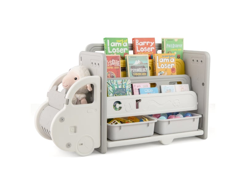 Rangement pour enfants bibliothèque 108 x 35 x 63,5 cm design voiture ergonomique ambiance ludique en beige et gris 20_0013346  - Conforama A