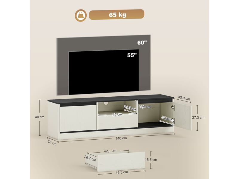  Meuble tv 140cm design effet bois noir et blanc 2 portes tiroir niche  - Conforama C