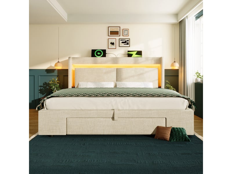  Lit coffre 140 × 200 en lin beige, tête de lit avec rangements, led et usb-c IKSETERA TRADING LTD - Conforama D