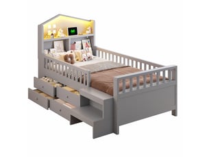 Lit avec rangement 90x200 cm <strong>MERAX</strong>  <strong>lit enfant gris</strong> coloris gris