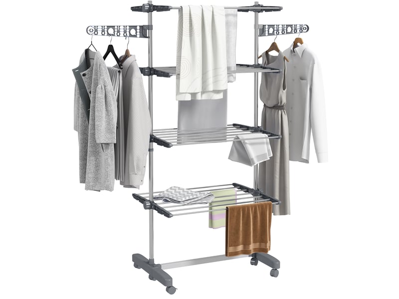  Séchoir à linge vertical à 4 niveaux avec roulettes, 2 côtés pliables, étagères réglables et structure en acier grisargenté  - Conforama A