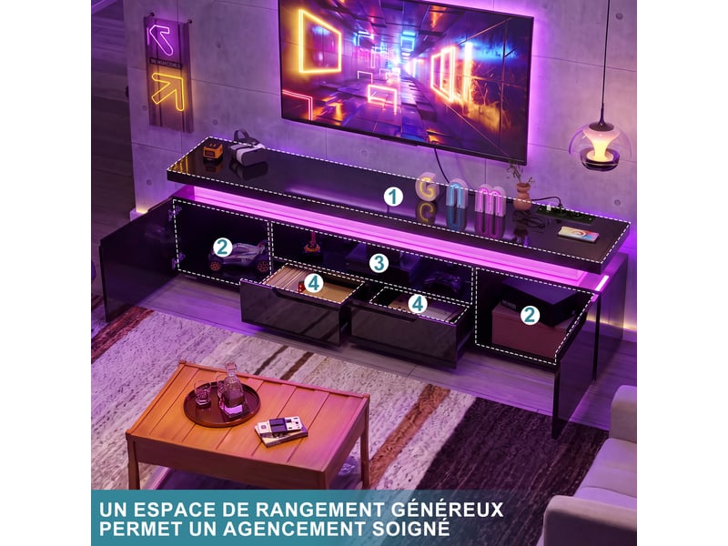  Meuble tv noir brillant 180 cm avec led rgb, multiprise usb-c intégrée, 2 tiroirs et 2 armoires, pour tv jusqu’à 75 pouces  - Conforama W