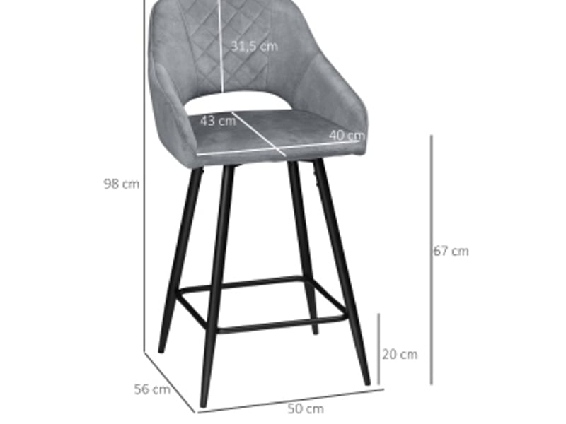  Elvmi lot de 2 tabourets de bar gris en polyester avec dossier courbé pieds en acier repose pieds design confortable 50 x 53 x 94 cm  - Conforama C