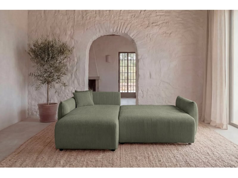  Elio mini - canapé d'angle convertible petit velours côtelé 3 places vert  - Conforama E