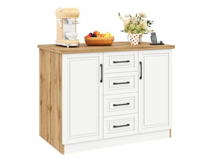 Îlot de cuisine 120x60x90 cm avec 4 tiroirs, prises et ports usb, blanc et bois naturel