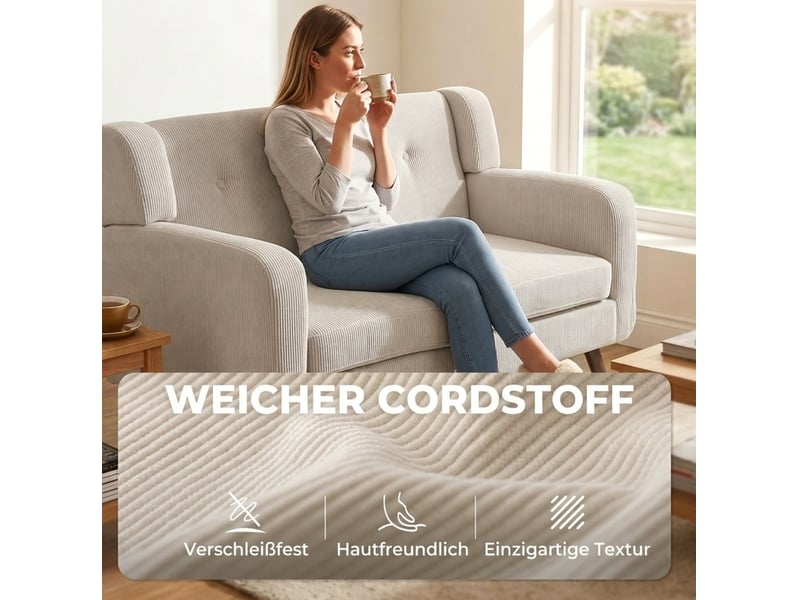  Canapé droit fixe 2 places en velours côtelé beige 118 cm, confort compact pour petits espaces au quotidien  - Conforama D