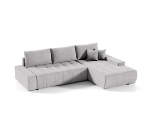 Canapé d'angle droit convertible   4 places Velours gris avec coffre de rangement