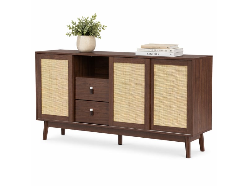 Buffet avec 3 portes coulissantes en rotin véritable et 2 tiroirs, 155 x 38 x 80 cm, bois foncé - Conforama A
