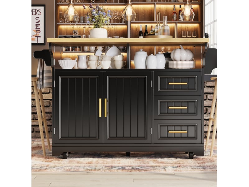  Îlot de cuisine 120x40x95 cm à roulettes avec plateaux rabattables noir  - Conforama B