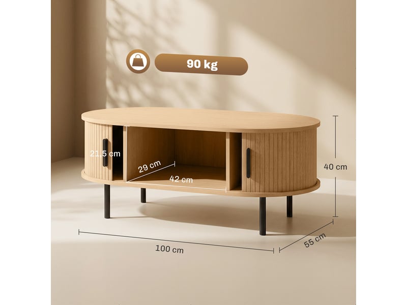  Table basse ovale en bois, table de salon moderne avec portes coulissantes et rangement caché, bois naturel, 100x55x40cm  - Conforama C