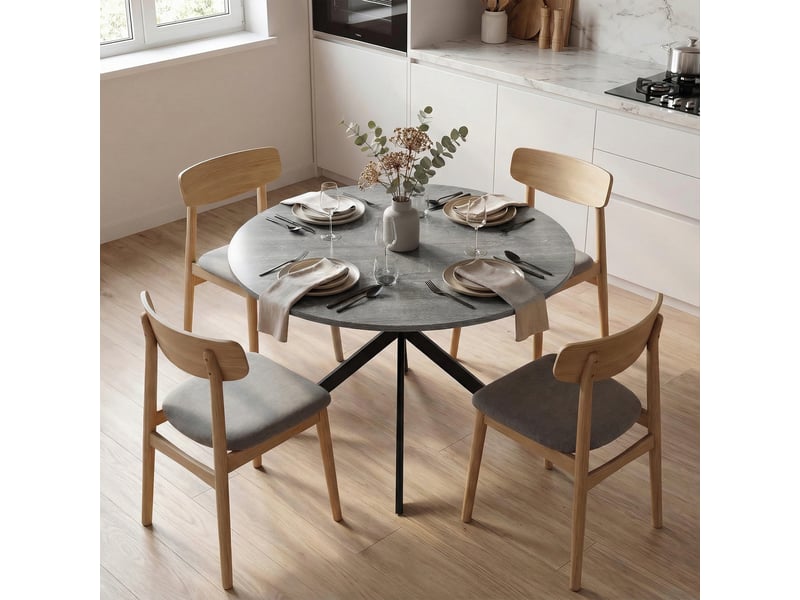  Table de salle à manger ronde pour 4 personnes, style industriel, avec pieds en acier, grise, idéale pour la cuisine ou la salle à manger.  - Conforama D