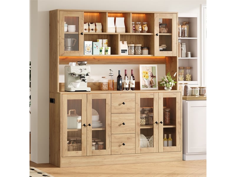 Buffet 150 x 40 x 173 cm - armoire de cuisine haute avec portes vitrées, 3 tiroirs, led et prises - bois naturel - Conforama C