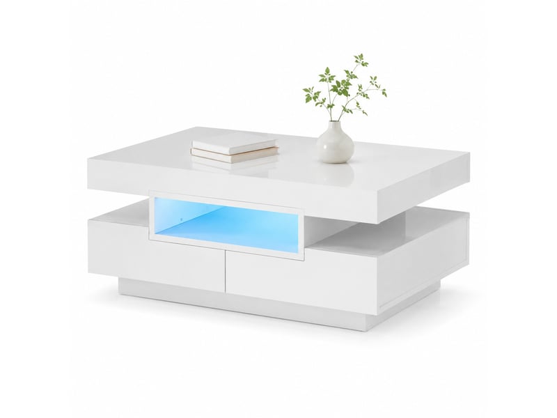  Table basse avec 4 tiroirs, niches et éclairage led pour salon 80×50×36 cm en panneaux de particules blanc  - Conforama A